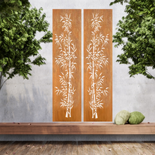 Lade das Bild in den Galerie-Viewer, Zwei Schale große Metallwandkunst mit Ausgeschnittener Silhouette von Bambus, gestaltet als Sichtschutzwand im Rost Look oder farblich.