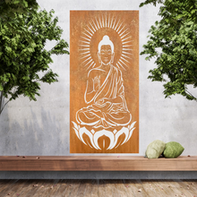 Lade das Bild in den Galerie-Viewer, Große Metallwandkunst mit Ausgeschnittener Silhouette von Buddha, gestaltet als Sichtschutzwand im Rost Look oder farblich.