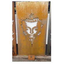 Lade das Bild in den Galerie-Viewer, Große Metallwandkunst mit Ausgeschnittener Silhouette von Buddha, gestaltet als Sichtschutzwand im Rost Look oder farblich.