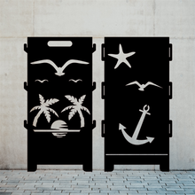 Lade das Bild in den Galerie-Viewer, Feuertonne aus Metallplatten mit kunstvollen ausschnitten