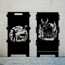 Lade das Bild in den Galerie-Viewer, Robuste Feuertonne aus Stahl mit einem kunstvollen Jägerdesign, ideal für den Außenbereich.