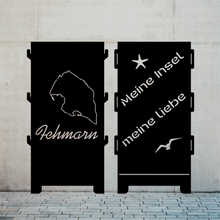 Lade das Bild in den Galerie-Viewer, Robuste Feuertonnen aus Stahl mit einem kunstvollen Inseldesign Fehmarn, ideal für den Außenbereich.