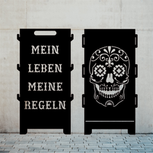 Lade das Bild in den Galerie-Viewer, Biker Motorrad Feuertonne aus 3mm Starken Stahl Steckbar für coole heiße Abende Mein Leben Meine Regeln und Totenkopf