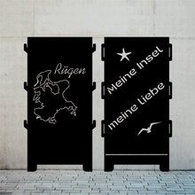 Lade das Bild in den Galerie-Viewer, Robuste Feuertonnen aus Stahl mit einem kunstvollen Inseldesign Ruegen, ideal für den Außenbereich.