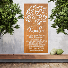 Lade das Bild in den Galerie-Viewer, Große Metallwandkunst mit Ausgeschnittener Silhouette von Lebensbaum, gestaltet als Sichtschutzwand im Rost Look oder farblich.