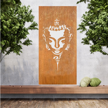 Lade das Bild in den Galerie-Viewer, Große Metallwandkunst mit Ausgeschnittener Silhouette von Buddha kopf, gestaltet als Sichtschutzwand im Rost Look oder farblich.