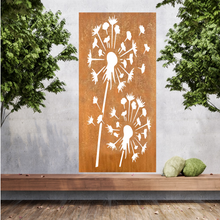 Lade das Bild in den Galerie-Viewer, Große Metallwandkunst mit Ausgeschnittener Silhouette von Große Pusteblumen, gestaltet als Sichtschutzwand im Rost Look oder farblich oder Pulverbeschichtet