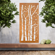 Lade das Bild in den Galerie-Viewer, Große Metallwandkunst mit Ausgeschnittener Silhouette von Birkenbäume, gestaltet als Sichtschutzwand im Rost Look oder farblich.