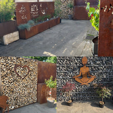 Lade das Bild in den Galerie-Viewer, Metallkunst mit Rostgarten mit Ausgeschnittener Silhouetten Blumenkübeln mit Edelsrost Brennholzregale aus Cortenstahl 
