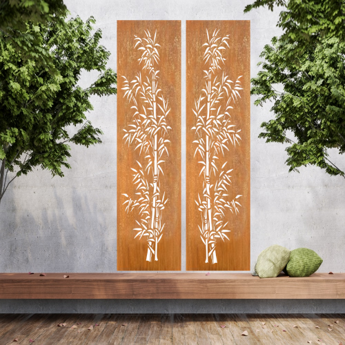 Zwei Schale große Metallwandkunst mit Ausgeschnittener Silhouette von Bambus, gestaltet als Sichtschutzwand im Rost Look oder farblich.