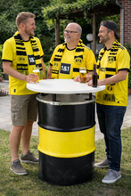 Lade das Bild in den Galerie-Viewer, oelfass als stehtisch in den farben schwarz gelb schwarz
