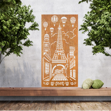 Lade das Bild in den Galerie-Viewer, Große Metallwandkunst mit Ausgeschnittener Silhouette von Paris, gestaltet als Sichtschutzwand im Rost Look oder farblich.
