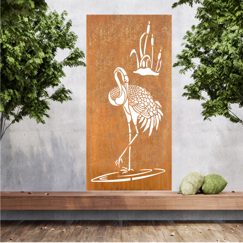 Große Metallwandkunst mit Ausgeschnittener Silhouette von Storch, gestaltet als Sichtschutzwand im Rost Look oder farblich.