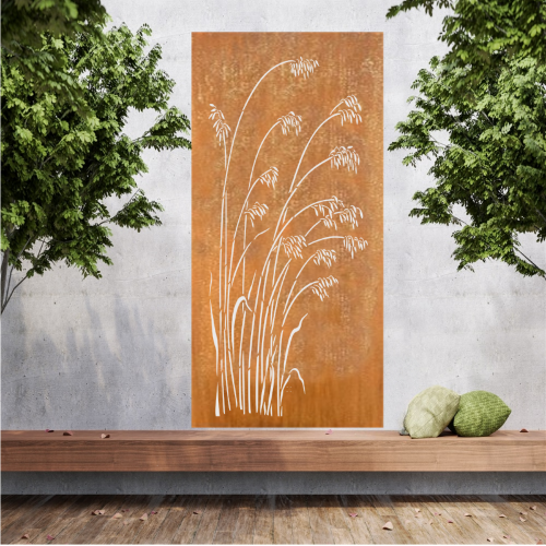 Große Metallwandkunst mit Ausgeschnittener Silhouette von Gras, gestaltet als Sichtschutzwand im Rost Look oder farblich.