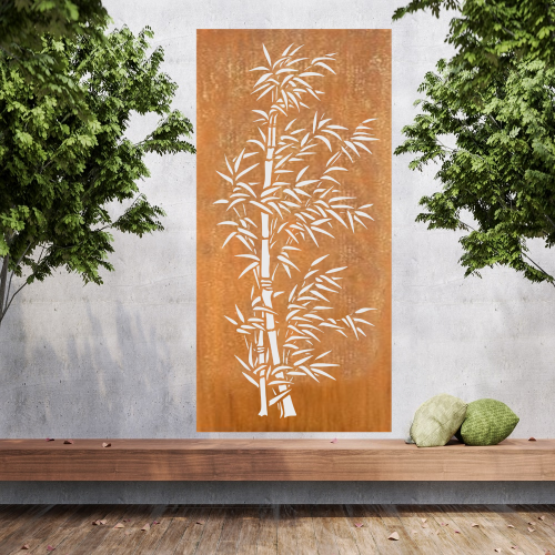 Große Metallwandkunst mit Ausgeschnittener Silhouette von Bambus, gestaltet als Sichtschutzwand im Rost Look oder farblich.